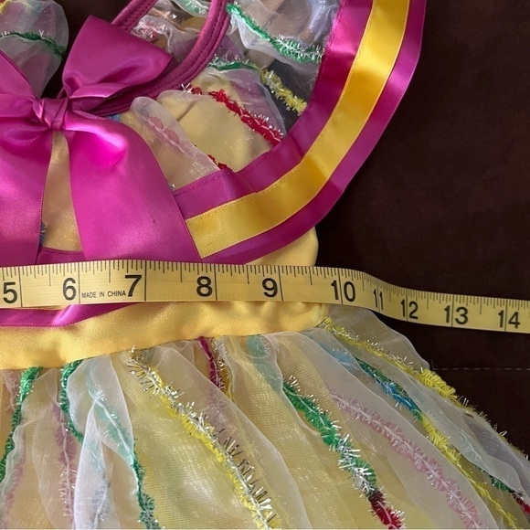 Revolution dance wear yellow & pink outfit costume, MC, 2 hair bows, lace trim. - Picture 10 of 16